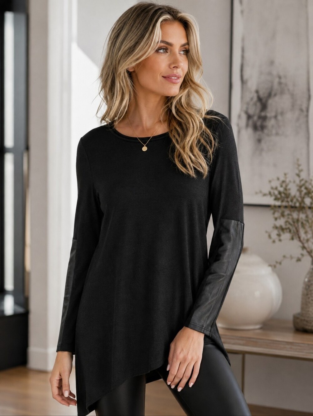 Karen Kane Lightweight Asymmetrical Sweater with Vegan Leather Sleeve Patch